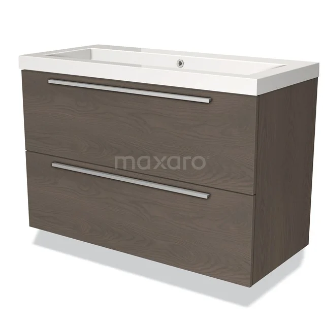 Badkamermeubel 100cm Modulo Donkerbruin Eiken 2 lades Vlak Wastafel Mineraalmarmer BMW17-00716