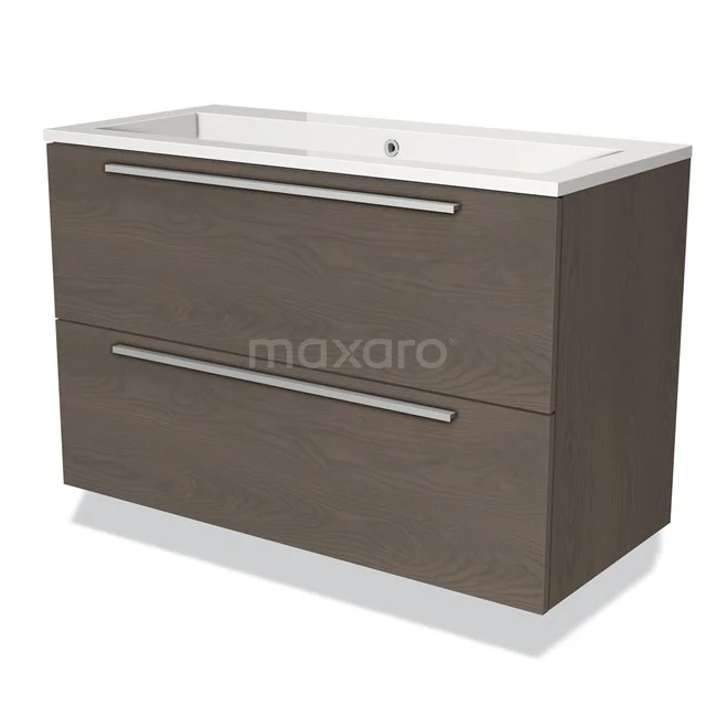 Brown bathroom furniture set with two drawers, metal handles and a white basin, ideal for modern bathroom fittings.