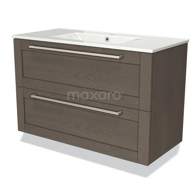 Modulo Bathroom furniture with sink | 100 cm Dark brown oak Bordered front Ceramic 2 Stacked drawers BMW17-00726 Modern wooden bathroom unit with two drawers, rectangular shape, white ceramic basin worktop and sleek metal handles.