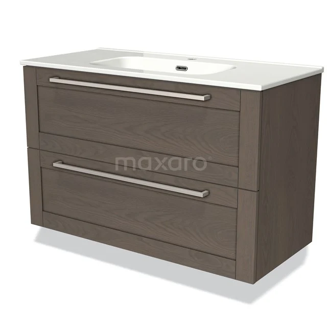 Wooden bathroom unit with two drawers, modern design, dark brown, including white vanity units with basin and stylish metal handles.