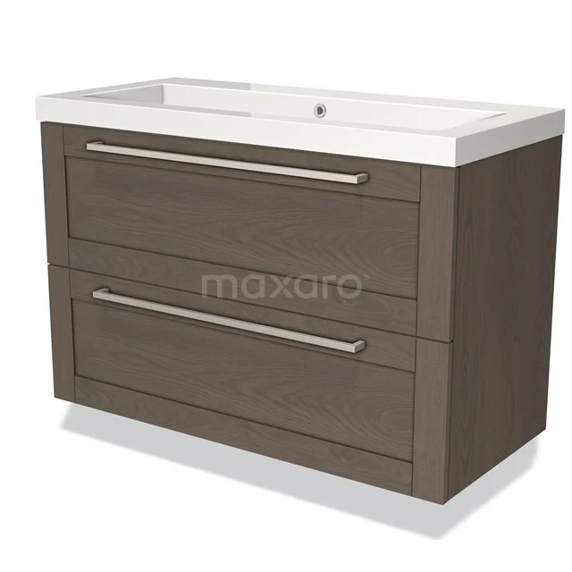 Brown wooden bathroom unit with two drawers, metal handles and white sink, ideal for modern bathroom spaces.