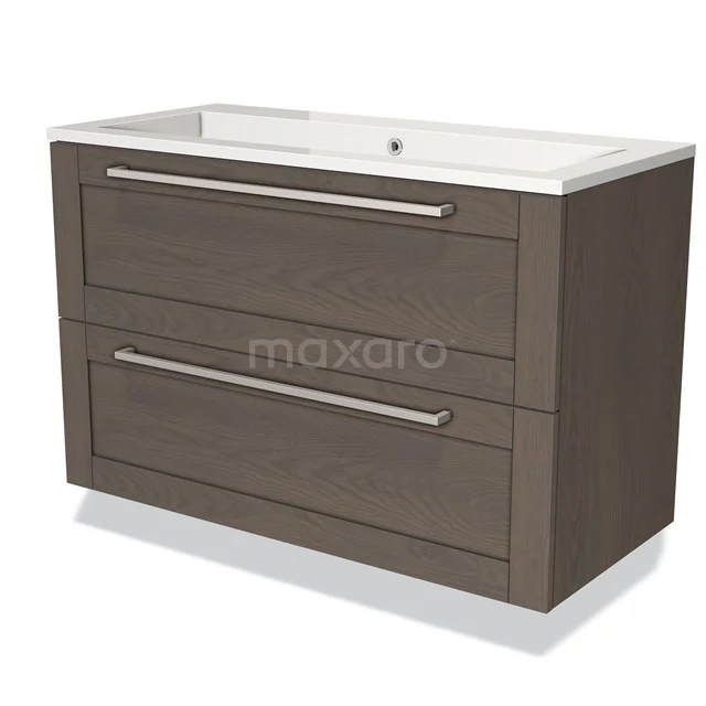 Modulo Bathroom furniture with sink | 100 cm Dark brown oak Bordered front Mineral marble 2 Stacked drawers BMW17-00734 Wooden bathroom unit with two drawers, brown oak finish, including white basin; modern and stylish design.