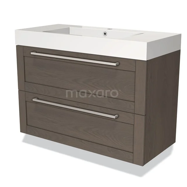 Modulo Bathroom furniture with sink | 100 cm Dark brown oak Bordered front Mineral marble 2 Stacked drawers BMW17-00737 Wooden bathroom unit with two drawers and white vanity units with basin, modern design, ideal for stylish and functional bathrooms.