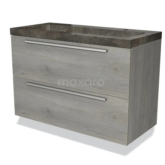 Grey wooden bathroom unit with two drawers and dark stone vanity units with basin, modern design for stylish bathrooms.