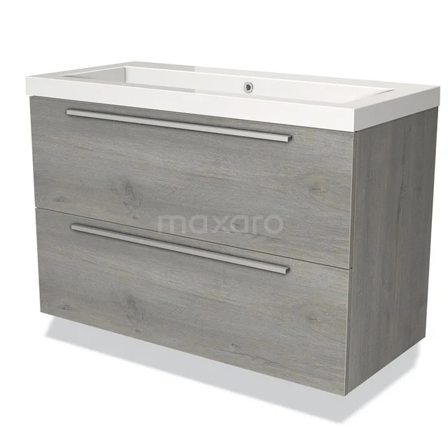 Graue Badmöbelset mit Holzoptik, zwei Schubladen und einem weißen Waschbecken. Modernes Design, ideal für stilvolle Bäder.