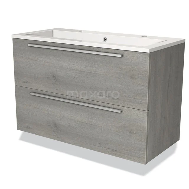 Graue Holz-Badmöbelset mit zwei Schubladen, integriertem Waschbecken und schlankem Design, ideal für moderne Bäder.