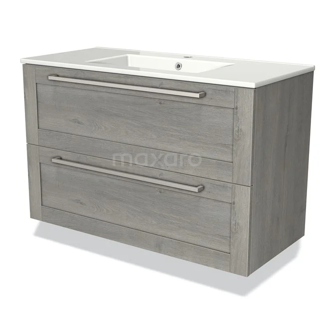 Grey bathroom furniture set with two drawers, wood-look design, metal handles and a white ceramic basin worktop.