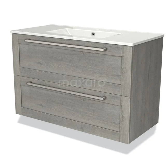 Grey hanging bathroom furniture set with basin, wood-look finish and two wide drawers with large handles.