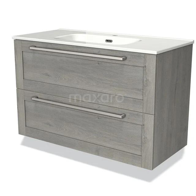 Grey wooden vanity unit with two drawers, integrated basin and chrome handles, perfect for any modern bathroom.