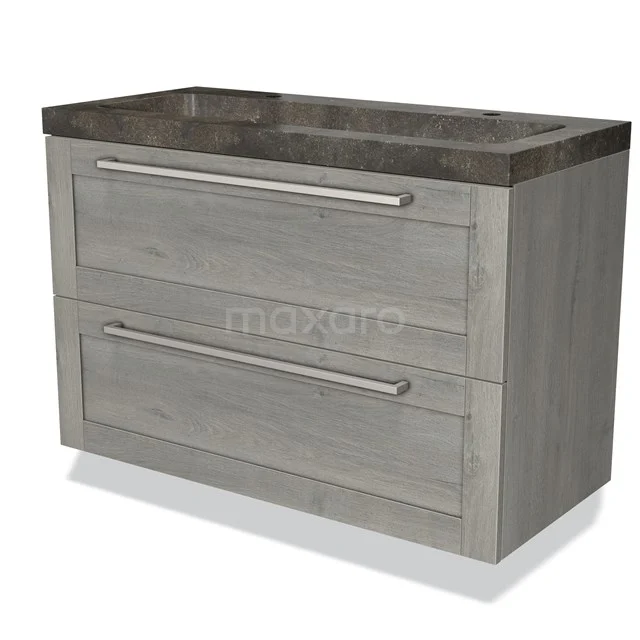 Wooden bathroom unit with two drawers, grey oak look, ceramic vanity units with basin and metal handles. Modern and practical design.
