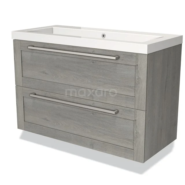 Grey wooden vanity unit with two drawers and white sink, modern design for a stylish bathroom.