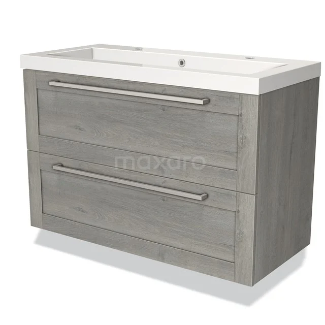 Wooden bathroom unit with two drawers, grey wood look, metal handles and built-in white basin from modern bathroom collection.