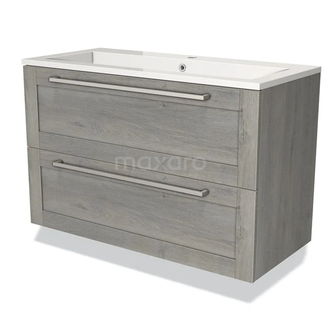 Grey wooden bathroom unit with chest of drawers, modern look, including white vanity units with basin and stylish metal handles.