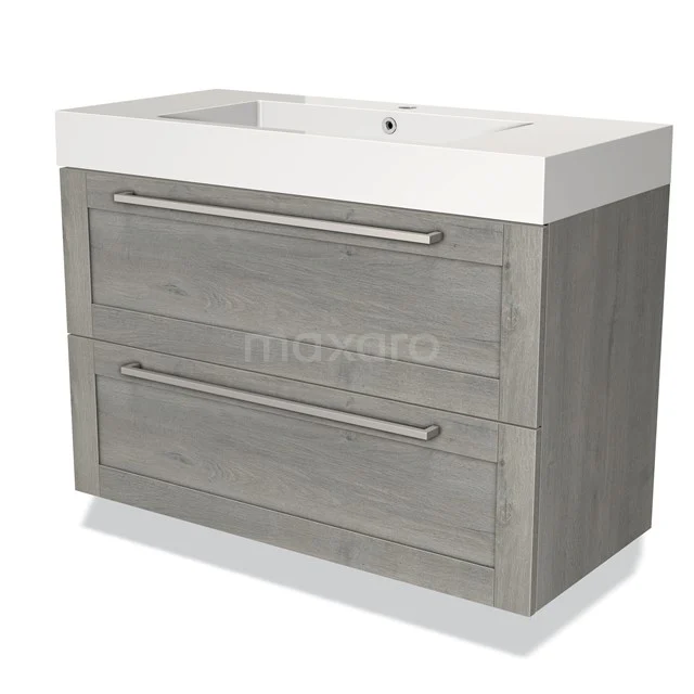 Grey wooden vanity unit with double drawers and white ceramic sink, ideal for a modern bathroom.