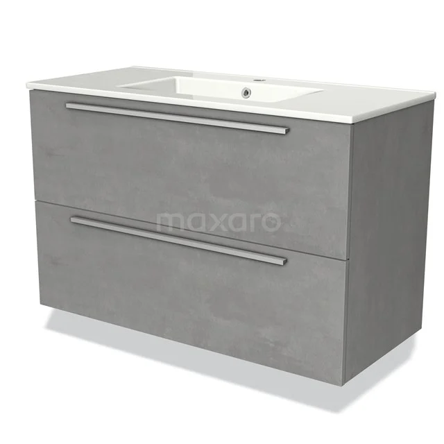Grey Vanity unit with concrete look, two drawers and chrome handles, perfect for a modern bathroom style.