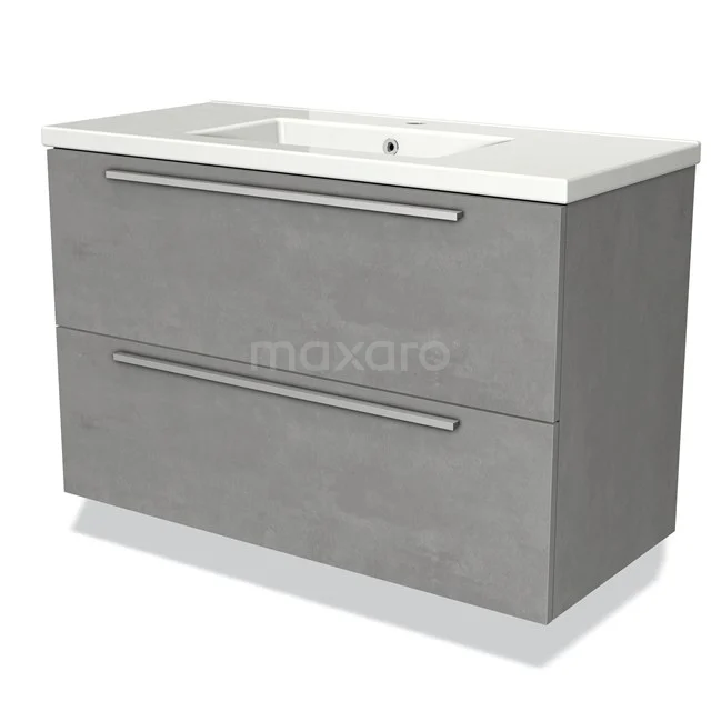 Modulo Vanity units with basin | 100 cm Light grey concrete Flat front Ceramic 2 Stacked drawers BMW17-00770 Grey bathroom furniture set with two drawers, modern design, concrete look and integrated basin. Perfect for any stylish bathroom.