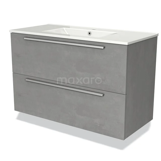 Grey bathroom cabinet with concrete look, two drawers and integrated basin; modern design for a stylish bathroom.