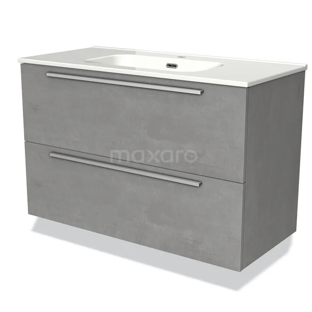 Grey bathroom furniture set with two wide drawers, stone-look finish and integrated ceramic basin.