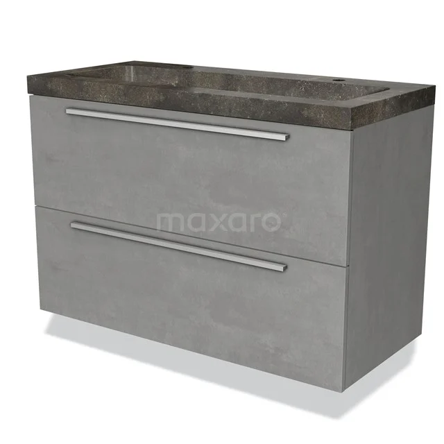 Grey vanity unit with concrete look, double drawers and natural stone basin, perfect for a modern bathroom.