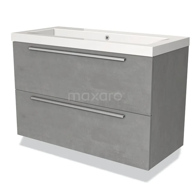 Grey bathroom furniture set with two drawers, modern concrete look and integrated basin, ideal for a sleek bathroom style.
