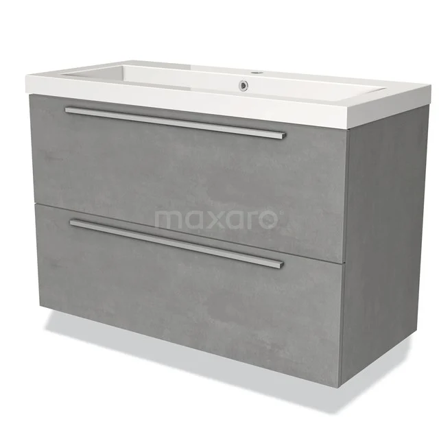 Grey hanging basin base cabinet with two drawers, modern concrete-look design and integrated basin for the bathroom.
