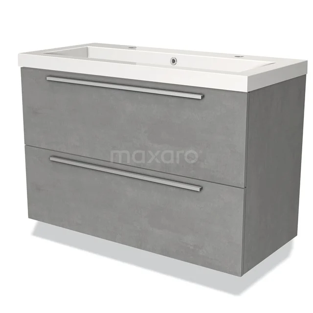 Grey vanity unit with double drawers, concrete-look finish and chrome handles, perfect for a modern bathroom style.