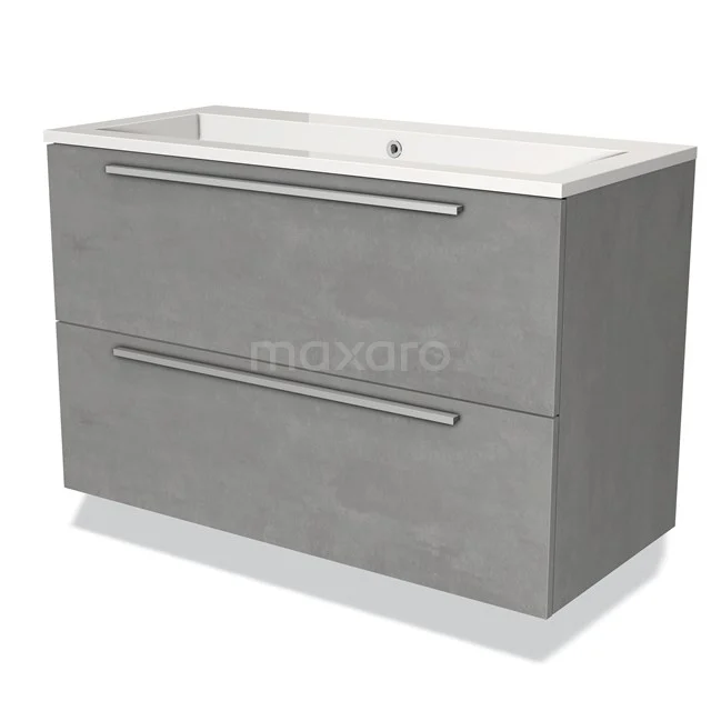 Grey washbasin set with concrete look, two drawers and integrated basin; sleek design for modern bathrooms.
