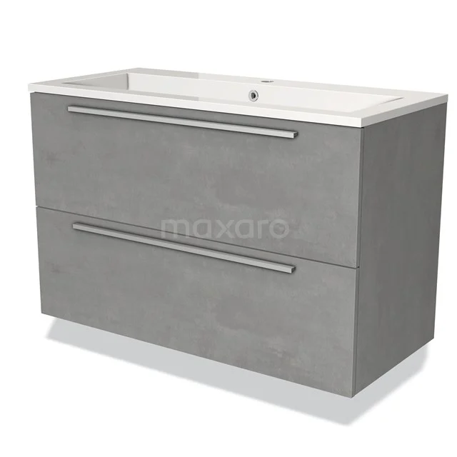 Grey bathroom furniture set with concrete look, two drawers and integrated basin, modern and stylish design.