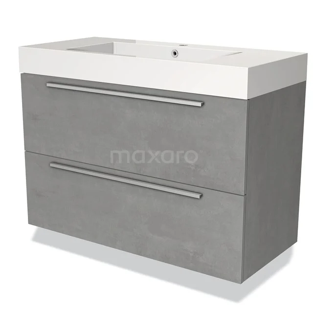 Grey bathroom furniture set with two drawers, white sink and metal handles, modern design in concrete look.