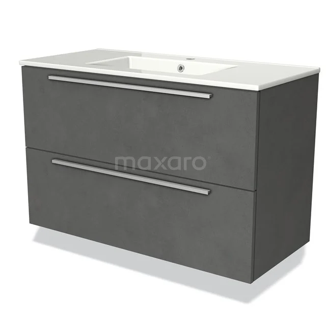 Dark grey vanity unit with two drawers, sleek design, wide model, including white ceramic basin for modern bathrooms.