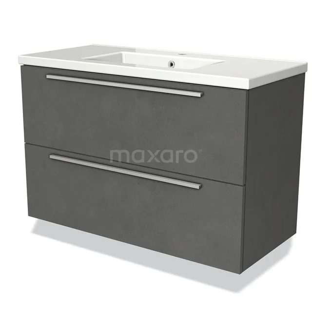Modulo Vanity units with basin | 100 cm Dark grey concrete Flat front Ceramic 2 Stacked drawers BMW17-00785 Grey bathroom furniture set with two drawers, soft close, and integrated white ceramic basin.