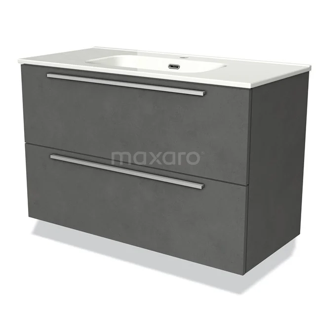 Badkamermeubel 100cm Modulo Donkergrijs Beton 2 lades Vlak Wastafel Keramiek BMW17-00787