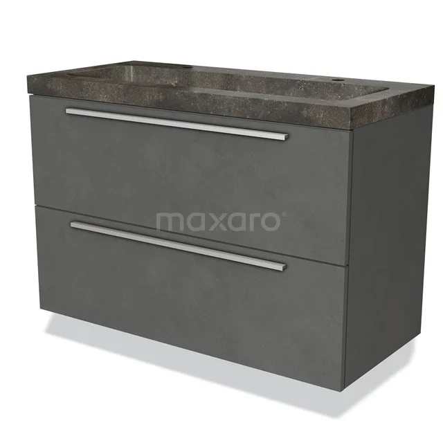 Badmöbel 100cm Modulo Dunkelgrau Beton 2 Schubladen Flaches Waschbecken Naturstein Blau BMW17-00789 Graues Waschtisch mit doppelten Schubladen, keramischer Platte und metallischen Griffen, ideal für moderne Badezimmergestaltung.