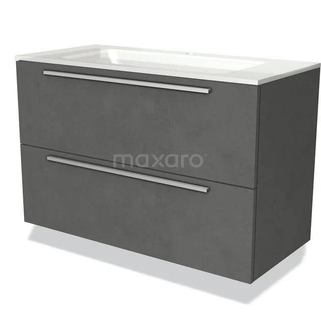 Graues Badezimmermöbel mit zwei Schubladen, modernes Design, matte Oberfläche, inklusive weißem keramischen Waschbecken, ideal für Stauraum.