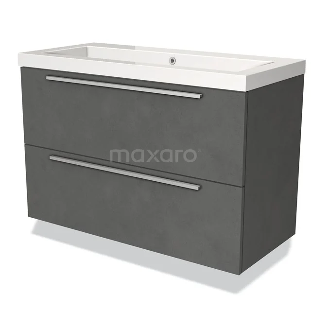 Dark grey bathroom unit with two drawers, including white vanity units with basin; modern design, perfect for sleek bathroom interiors.