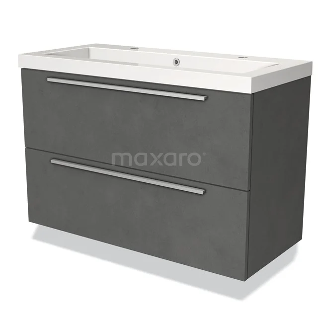 Grey bathroom cabinet with double drawers, modern design, ceramic basin and chrome handles for stylish bathroom storage.