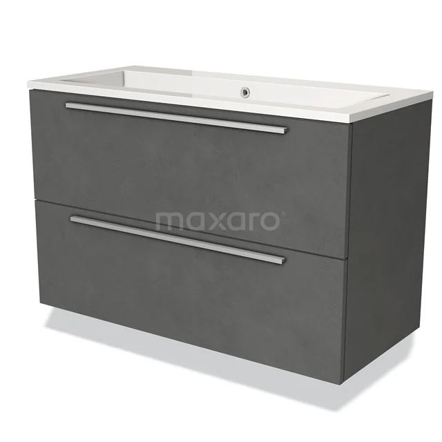 Dark grey bathroom furniture set with two drawers, modern look, matt surface and integrated ceramic basin.