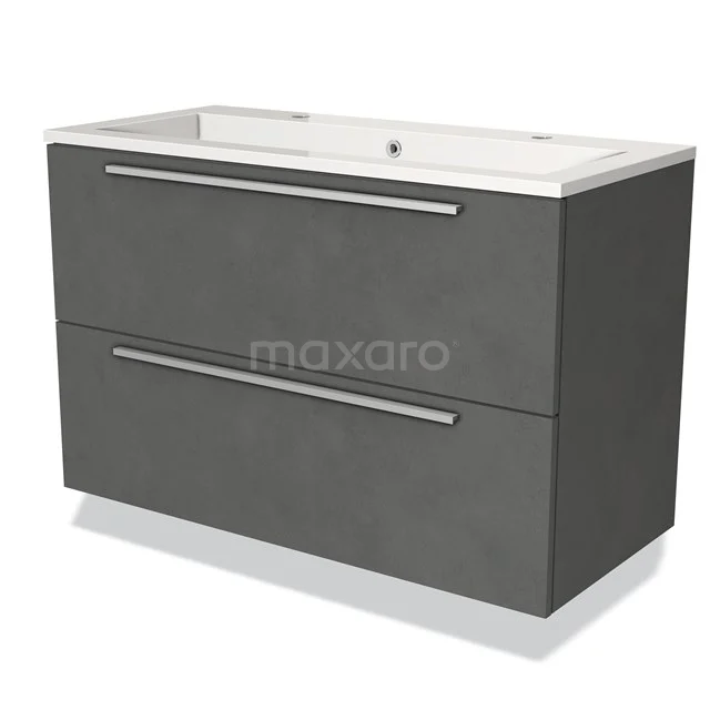 Grey bathroom furniture set with two drawers, modern design, wide basin worktop and stylish metal handles.