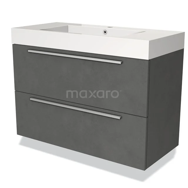Grijze badkamermeubelset met betonlook, twee lades en wit keramische wastafel; modern design voor stijlvolle badkamers.