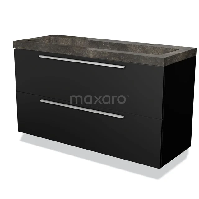 Black bathroom unit with double drawers, elegant marble-look basin worktop, perfect choice for a modern bathroom.