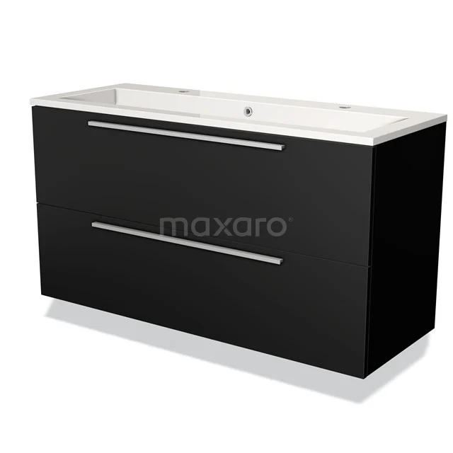 Black bathroom unit with two drawers, modern look and white vanity units with basin, ideal for stylish bathroom design.
