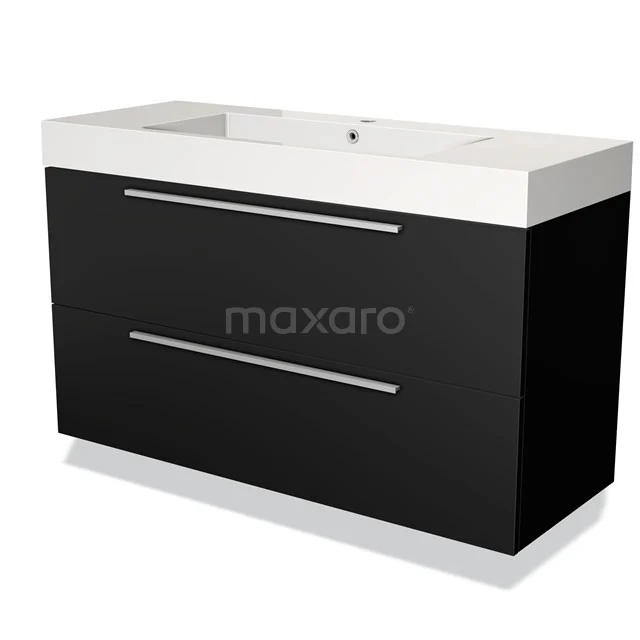 Black bathroom unit with double drawers and a white basin worktop, sleek design, ideal for modern bathrooms.