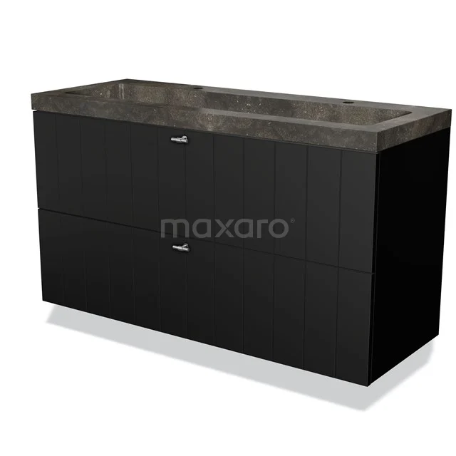 Black bathroom furniture set with double basin and marble-look worktop, sleek design, ideal for modern bathrooms.