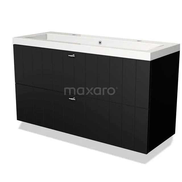 Black vanity set with two drawers, glossy finish and integrated basin, ideal for a modern bathroom style.