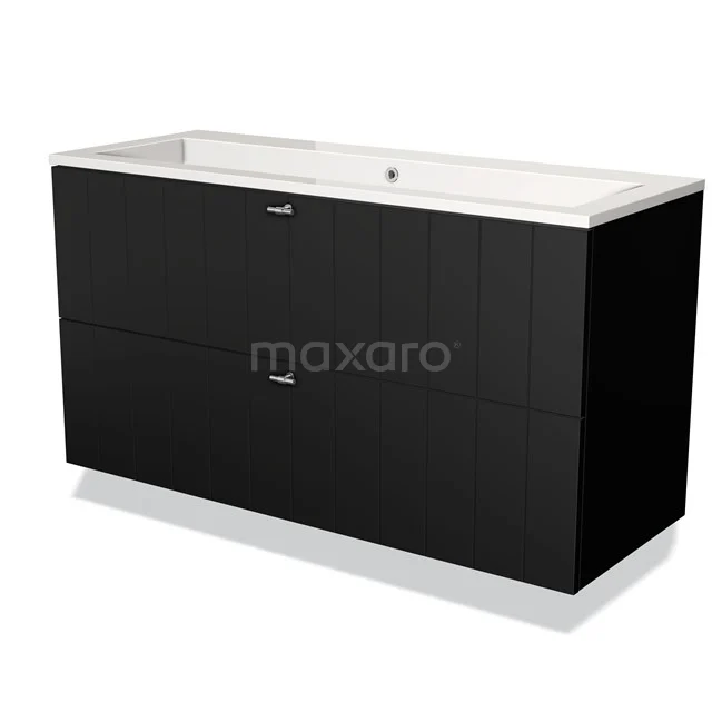 Black bathroom furniture set with double basin, sleek design, including handleless drawers from the modern Nova series.