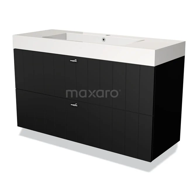 Black bathroom unit with double drawers, white ceramic basin worktop and modern design, ideal for stylish bathrooms.