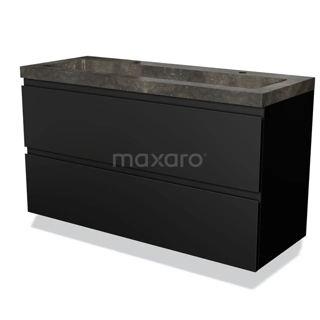 Black bathroom unit with two drawers, matte finish, with a dark marble worktop, modern design, suitable for luxury bathrooms.