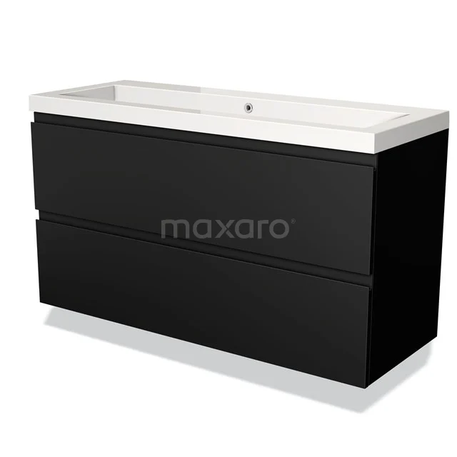 Black vanity unit with double drawers, high-gloss finish, ceramic basin, ideal for a modern bathroom.