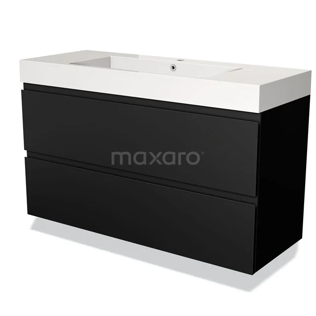 Schwarz Badmöbel mit zwei Schubladen, modernes Design und weißem keramischen Waschbecken der Elegance-Serie.