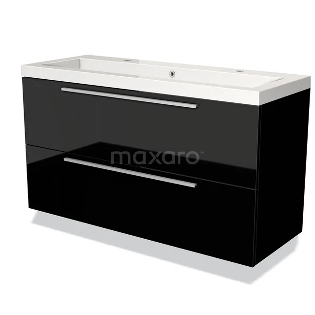 Black glossy bathroom unit with two drawers and white vanity units with basin, sleek design, ideal for modern bathrooms.
